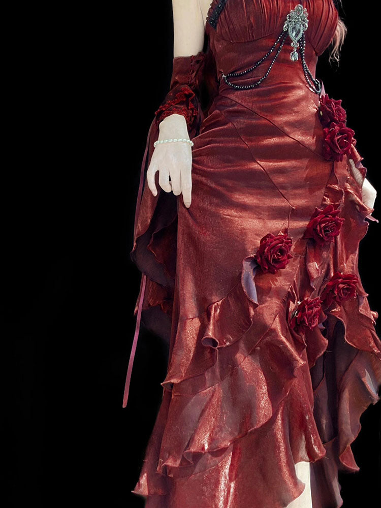 Vintage Mermaid Spaghetti Straps Burgundy Summer 18th Wine Red With Sleeves Birthday Dress Lolita Dress Birthday Outfits W1203