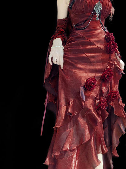 Vintage Mermaid Spaghetti Straps Burgundy Summer 18th Wine Red With Sleeves Birthday Dress Lolita Dress Birthday Outfits W1203