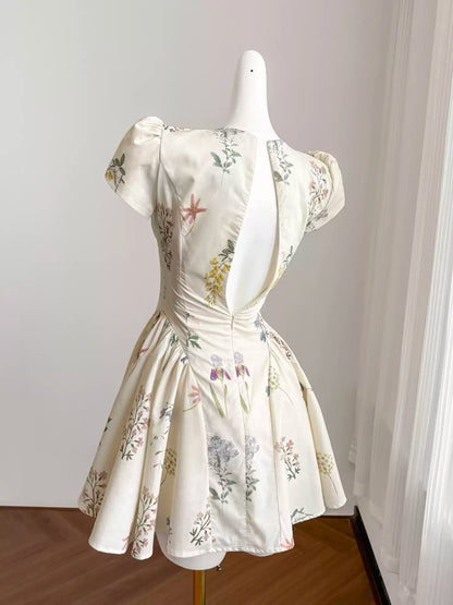 French retro plant print homecoming dress for women summer short niche design 11288