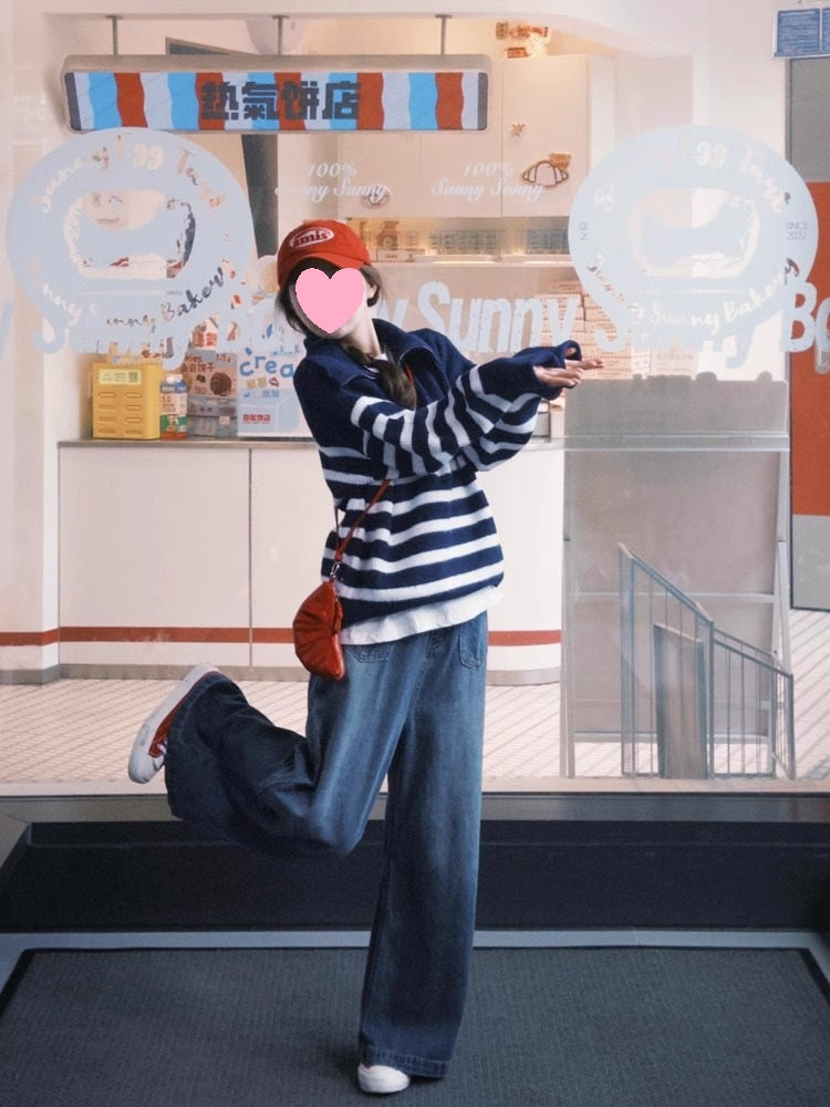 French lapel striped long-sleeved half-zip sweater ED0329