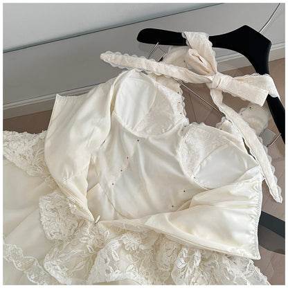 Sexy A line Halter Neckline White Lace Summer Dress Holiday Party Outfits For Women DP0107