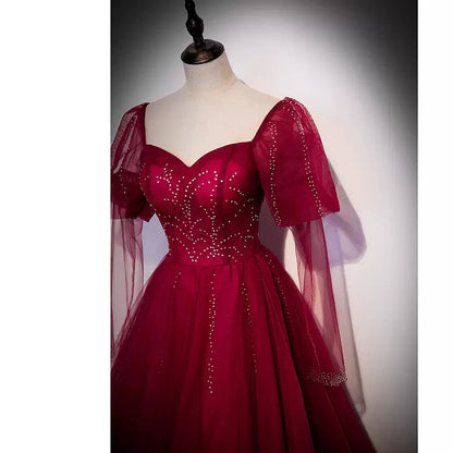 Simple A line Long Tulle Red Prom Dresses SH235