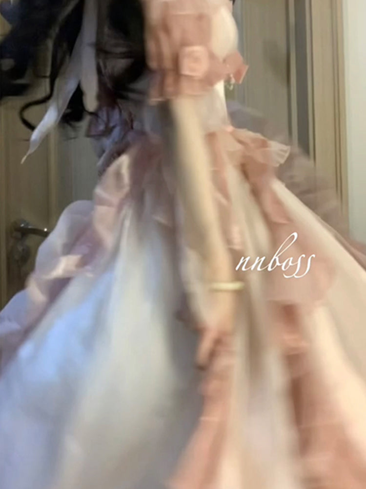 Princess Ball Gown Off The Shoulder Short Sleeves Ombre Pink Floral 16th Chiffon Birthday Dress Lolita Dress 18th Birthday Outfits W1197