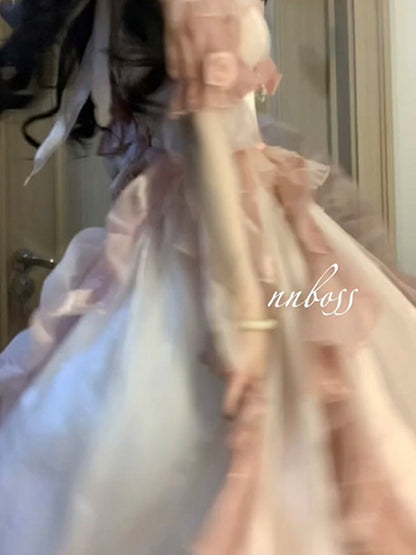 Princess Ball Gown Off The Shoulder Short Sleeves Ombre Pink Floral 16th Chiffon Birthday Dress Lolita Dress 18th Birthday Outfits W1197