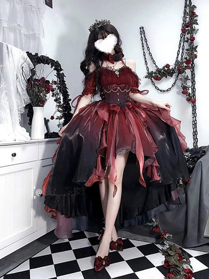 Princess Ball Gown Off The Shoulder Short Sleeves Ombre Burgundy Floral 16th Chiffon Birthday Dress Lolita Dress 18th Birthday Outfits W1198