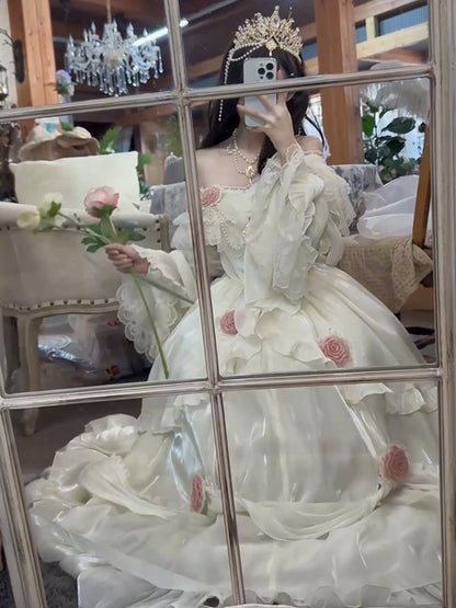 Retro Ball Gown Off The Shoulder Short Sleeves White Rose Floral 16th Chiffon Birthday Dress Lolita Dress 18th Birthday Outfits W1212