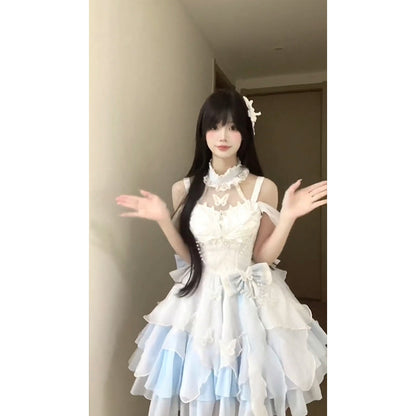 Vintage Ball Gown High Neck Light Sky Blue Chiffon Short Summer 18th Birthday Dress Lolita Dress Birthday Outfits W1208