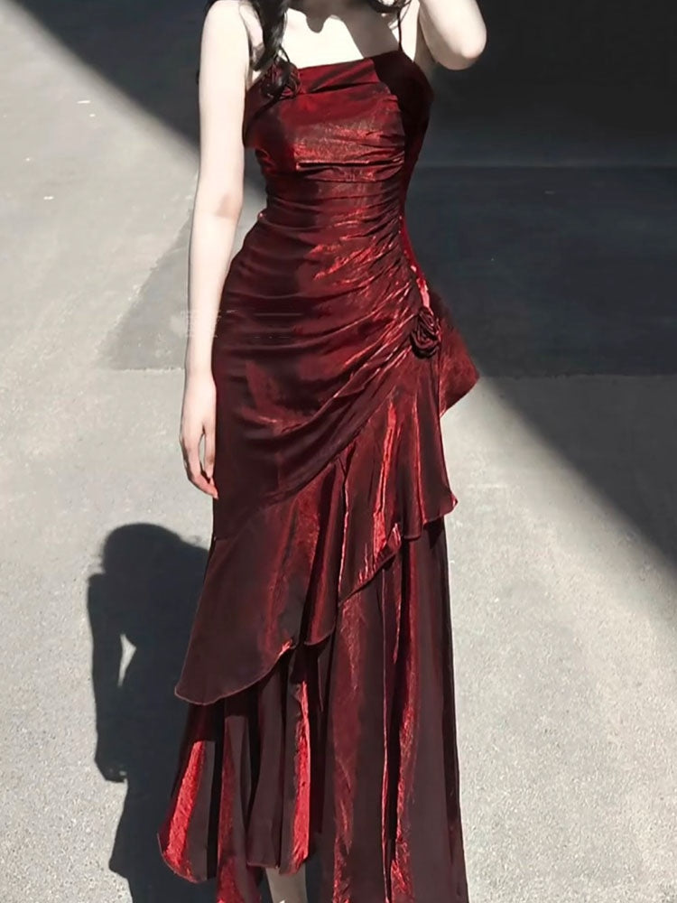 Vintage Mermaid Spaghetti Straps Burgundy Long Summer 18th Birthday Dress Lolita Dresses Birthday Outfits W1217