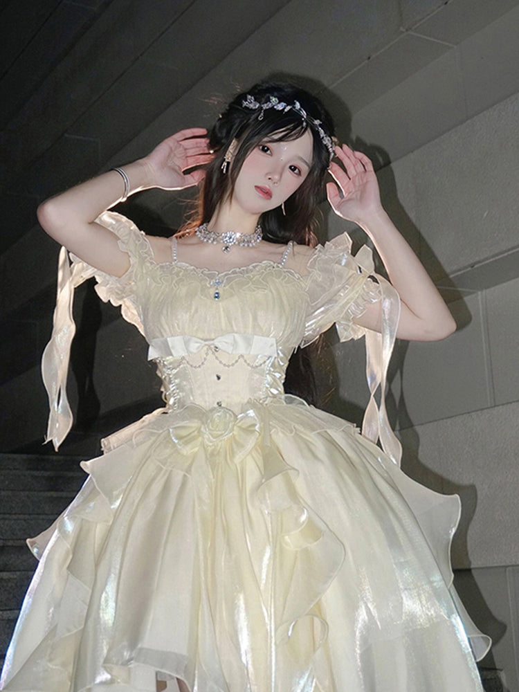 Princess Ball Gown Off The Shoulder Short Sleeves Ivory Floral 16th Chiffon Birthday Dress Lolita Dress 18th Birthday Outfits W1218