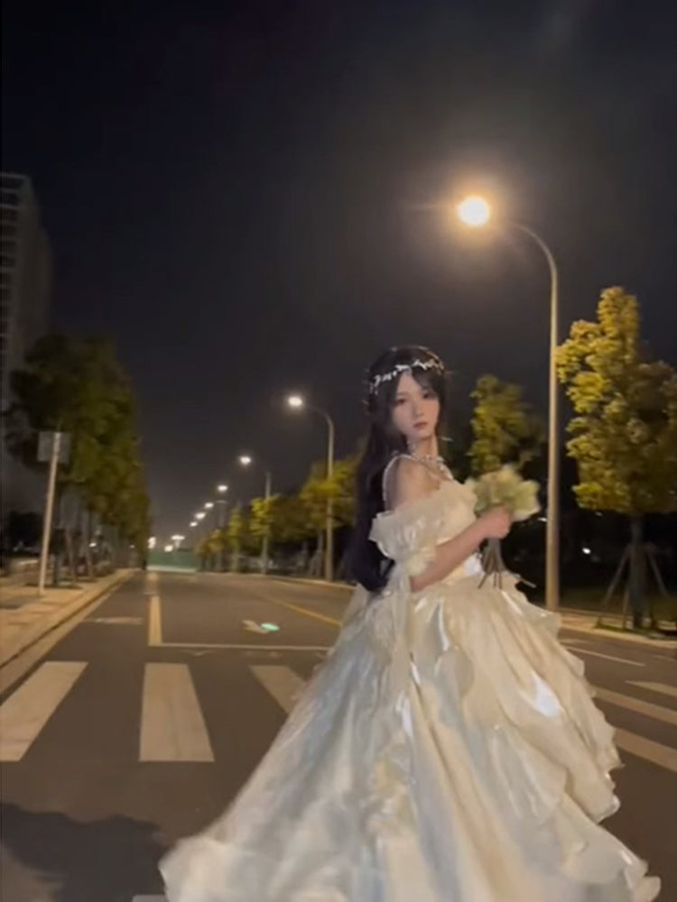 Princess High Low Off The Shoulder Short Sleeves Ivory Floral 16th Chiffon Birthday Dress Lolita Dress 18th Birthday Outfits W1220