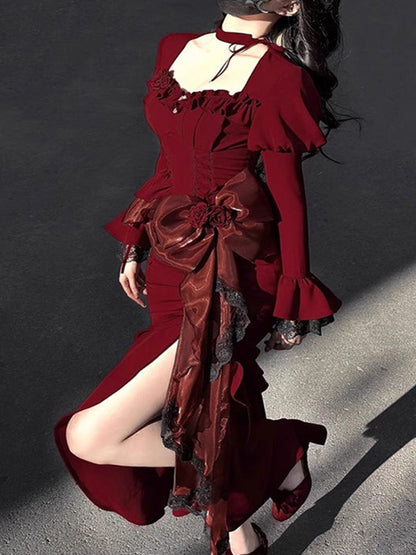Vintage Mermaid Sweetheart Long Sleeves Burgundy Black Lace Summer 18th Birthday Dress Lolita Dress Birthday Outfits W1215