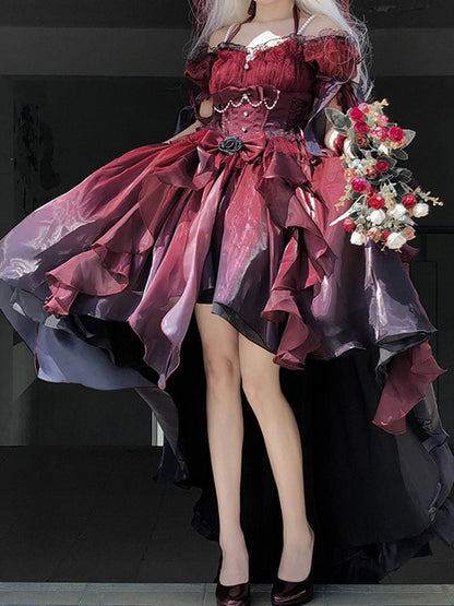 Beautiful High Low Off The Shoulder Short Sleeves Ombre Burgundy Floral 16th Chiffon Birthday Dress Lolita Dress 18th Birthday Outfits W1222