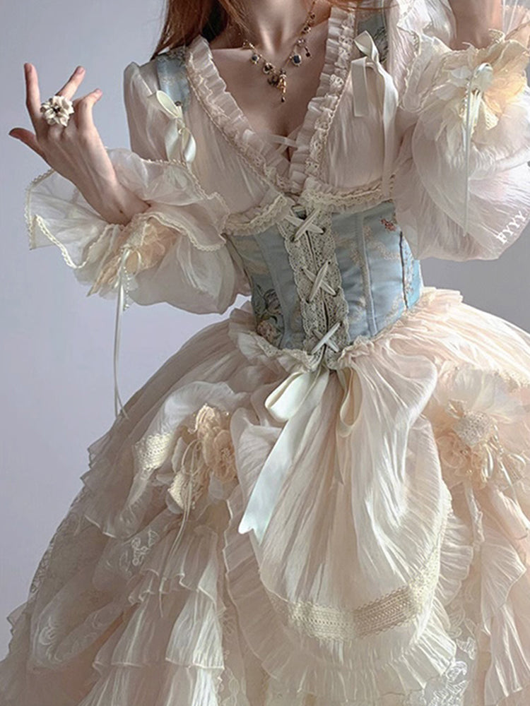 Retro Ball Gown V Neck Long Sleeves White Rose Floral 16th Chiffon Birthday Dress Lolita Dress 18th Birthday Outfits W1213