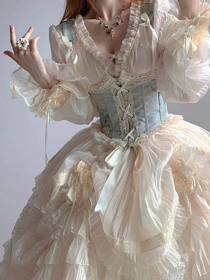 Retro Ball Gown V Neck Long Sleeves White Rose Floral 16th Chiffon Birthday Dress Lolita Dress 18th Birthday Outfits W1213