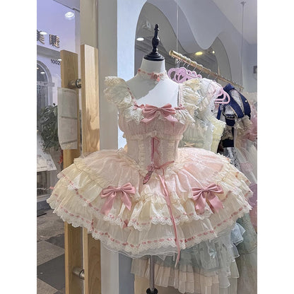 Sweet Ball Gown Square Neck Pink Lace Short 16th Birthday Dress Lolita Dress Birthday Outfits W1207