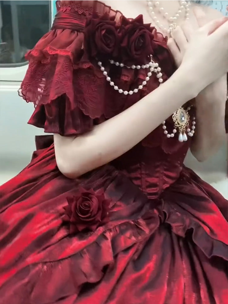 Retro Ball Gown Off The Shoulder Short Sleeves Burgundy Floral 16th Chiffon Birthday Dress Lolita Dress 18th Birthday Outfits W1204