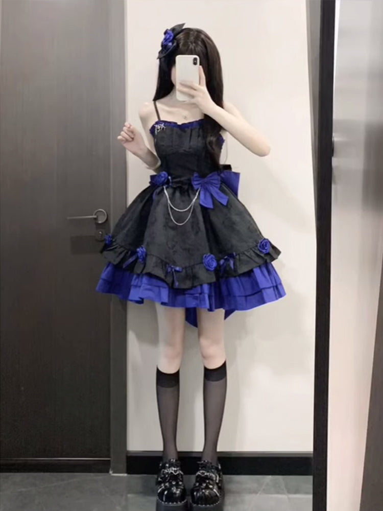 Retro Ball Gown Straps Short Royal Blue Mini Floral 16th Birthday Dress Lolita Dress 18th Birthday Outfits W1211