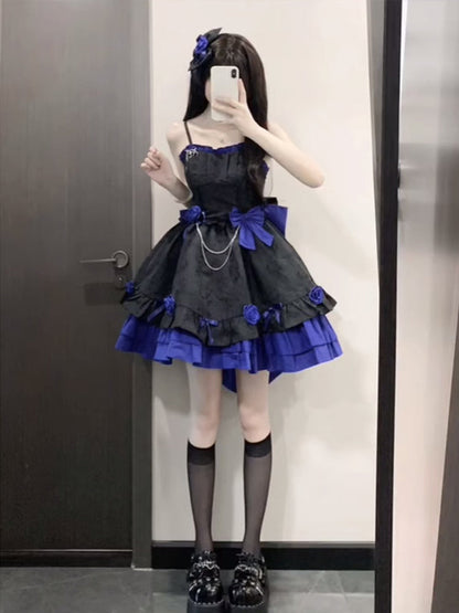 Retro Ball Gown Straps Short Royal Blue Mini Floral 16th Birthday Dress Lolita Dress 18th Birthday Outfits W1211