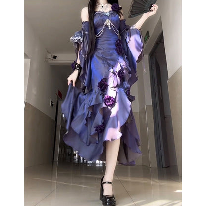 Vintage High Low Spaghetti Straps Grape 16th Birthday Dress Lolita Dress Satin Birthday Outfits W1200