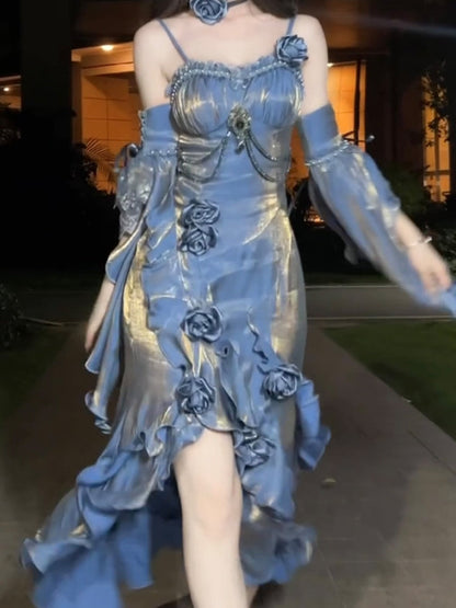 Vintage Mermaid Spaghetti Straps Blue Long Summer 18th Birthday Dress Lolita Dresses Birthday Outfits W1225