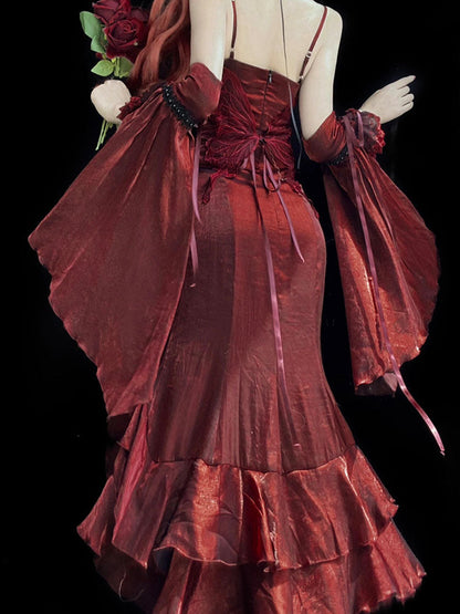 Vintage Mermaid Spaghetti Straps Burgundy Summer 18th Wine Red With Sleeves Birthday Dress Lolita Dress Birthday Outfits W1203