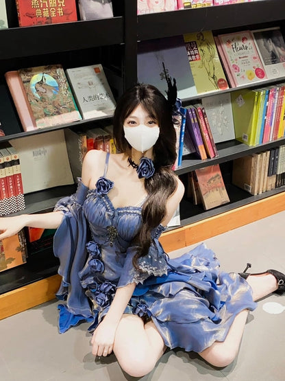 Vintage Mermaid Spaghetti Straps Blue Long Summer 18th Birthday Dress Lolita Dresses Birthday Outfits W1216