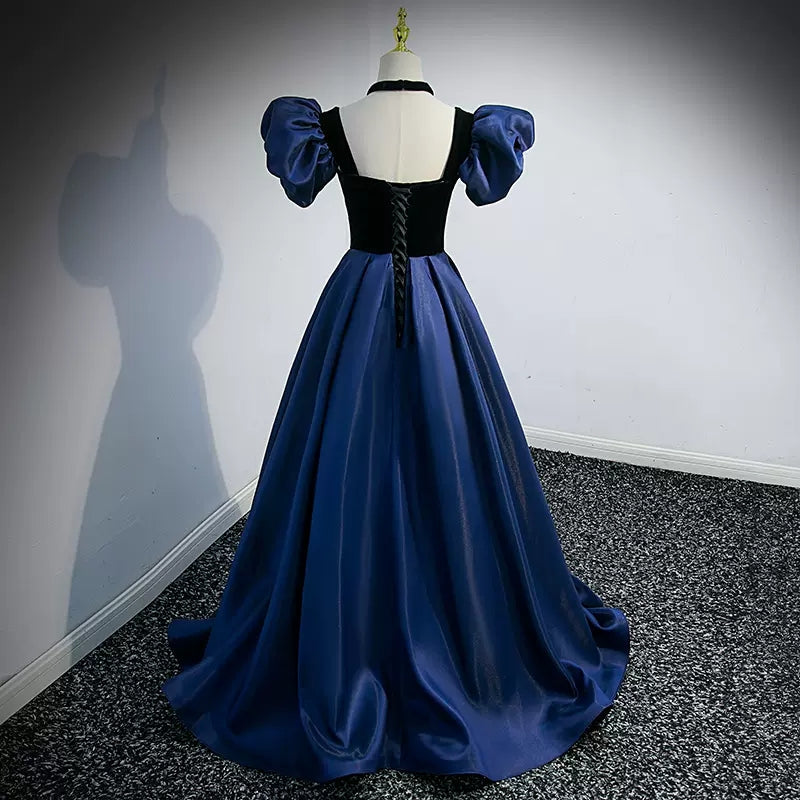 Navy Blue Puffy Sleeves Prom Dresses Sexy Evening Dress SH099
