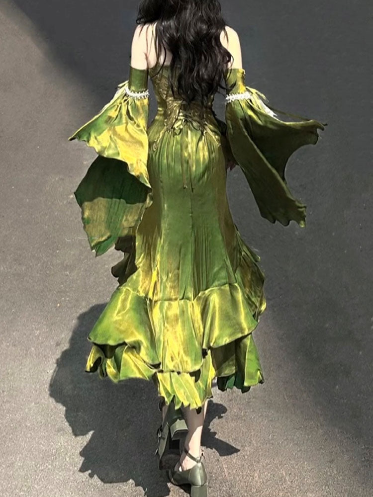 Vintage High Low Spaghetti Straps Green 16th Birthday Dress Lolita Dress Satin Birthday Outfits DP0222