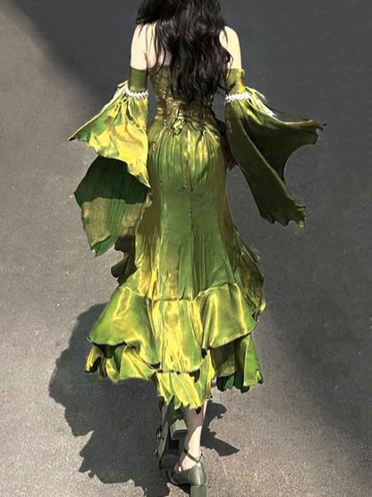 Vintage High Low Spaghetti Straps Green 16th Birthday Dress Lolita Dress Satin Birthday Outfits DP0222