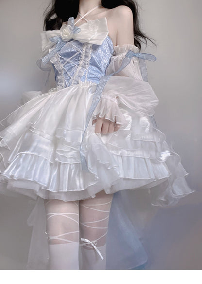 Modest Ball Gown Strapless Blue Organza Floral Holiday Lolita Dress Birthday Dresses Birthday Outfits SD1240