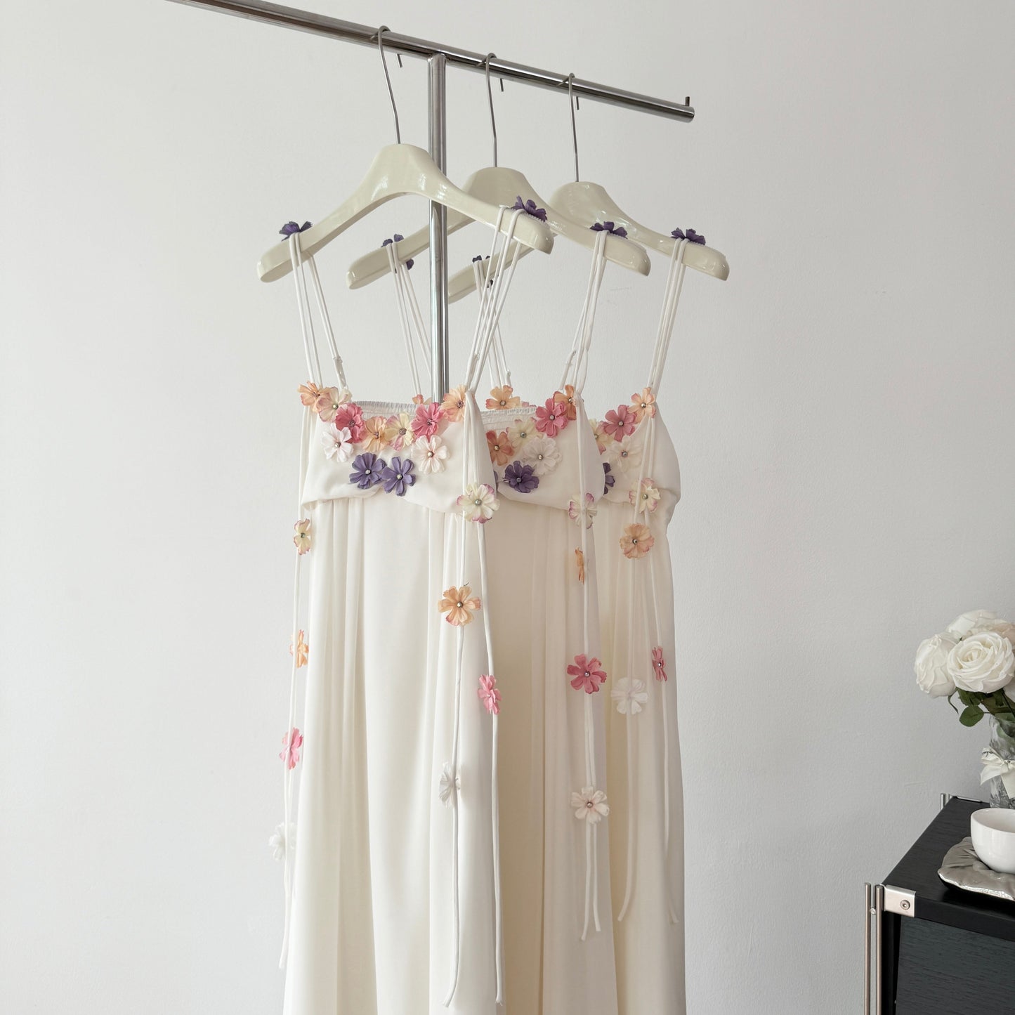 Cute A Line Spaghetti Straps Floral White Chiffon Summer Dress Holiday Party Outfits For Girls DP0130