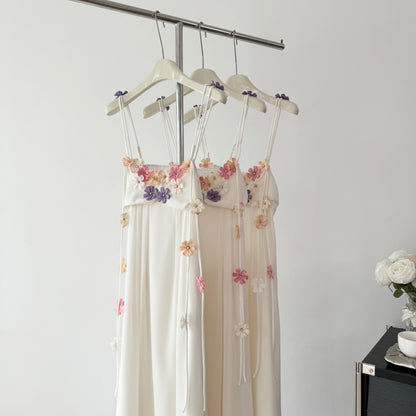Cute A Line Spaghetti Straps Floral White Chiffon Summer Dress Holiday Party Outfits For Girls DP0130