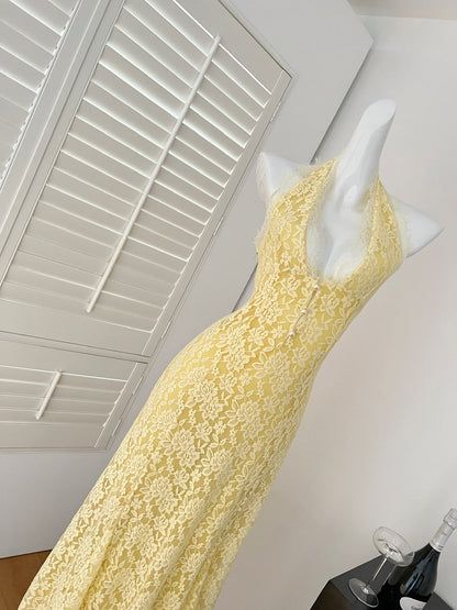 Sexy Sheath V Neckline Yellow Lace Summer Dress Holiday Party Outfits For Women DP0114