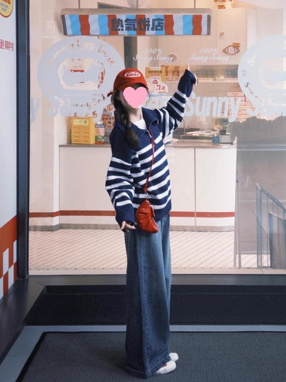 French lapel striped long-sleeved half-zip sweater ED0329