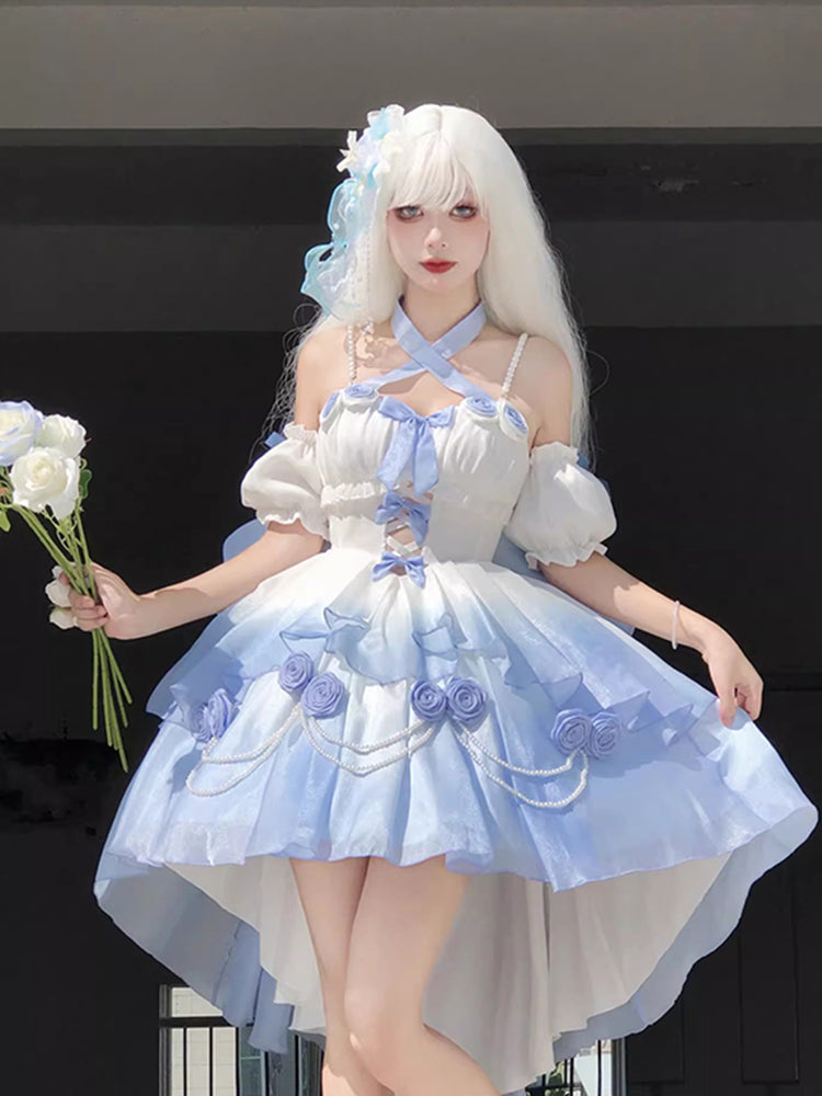 Vintage Ball Gown Off The Shoulder Ombre Blue Chiffon 22th Birthday Dress Lolita Dress Cute Lolita Outfits DH2442