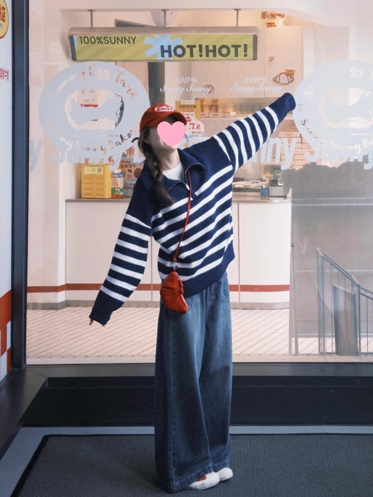 French lapel striped long-sleeved half-zip sweater ED0329