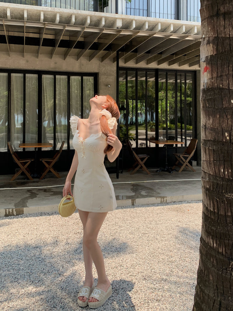 French blue floral A-line V-neck dress ED0807