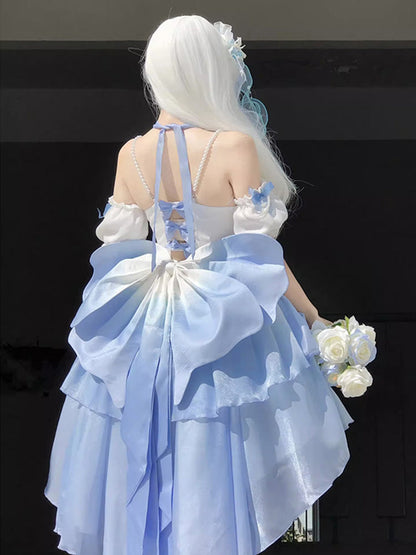 Vintage Ball Gown Off The Shoulder Ombre Blue Chiffon 22th Birthday Dress Lolita Dress Cute Lolita Outfits DH2442