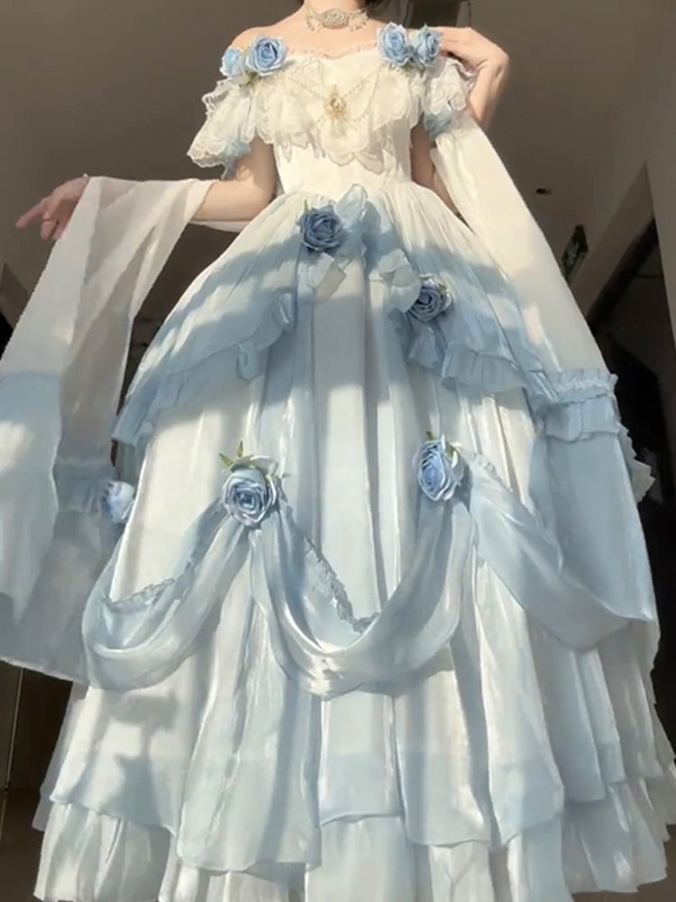 Vintage Ball Gown Off The Shoulder Short Sleeves 16th Blue Birthday Dress Lolita Summer Dress 18th Birthday Outfits W1134