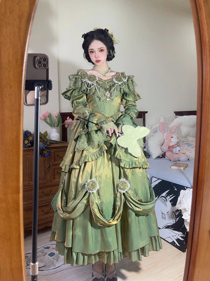 Retro Ball Gown Off The Shoulder Short Sleeves Green Rose Floral 16th Chiffon Birthday Dress Lolita Dress 18th Birthday Outfits W1243