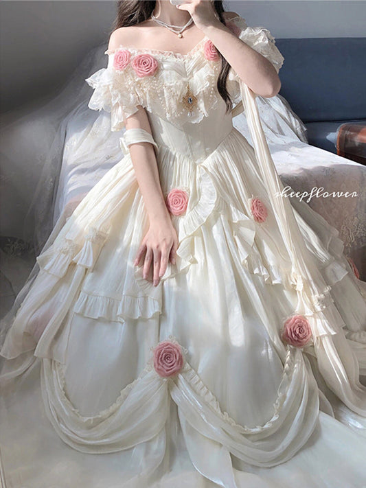Retro Ball Gown Off The Shoulder Short Sleeves White Rose Floral 16th Chiffon Birthday Dress Lolita Dress 18th Birthday Outfits W1242