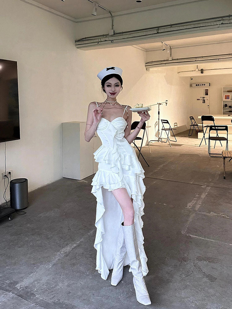 Simple High Low Spaghetti Straps White Chiffon Summer Dress Holiday Party Dress Birthday Outfits For Teens W1233