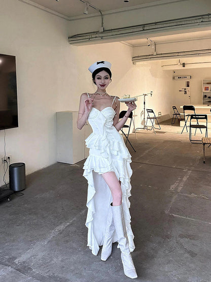 Simple High Low Spaghetti Straps White Chiffon Summer Dress Holiday Party Dress Birthday Outfits For Teens W1233