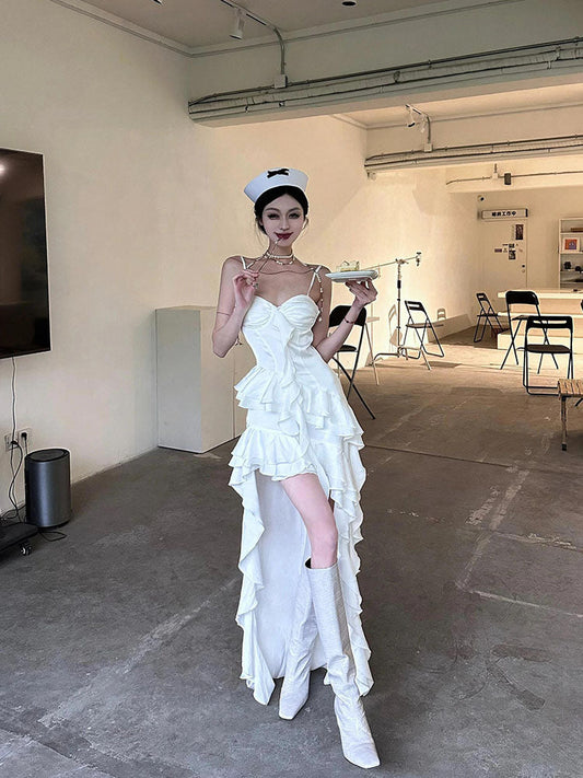 Simple High Low Spaghetti Straps White Chiffon Summer Dress Holiday Party Dress Birthday Outfits For Teens W1233