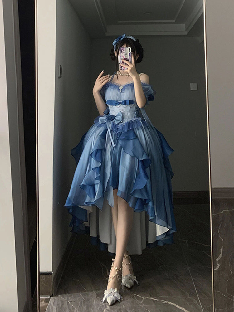 Beautiful High Low Off The Shoulder Short Sleeves Blue Rose Floral 16th Chiffon Birthday Dress Lolita Dress 18th Birthday Outfits W1240