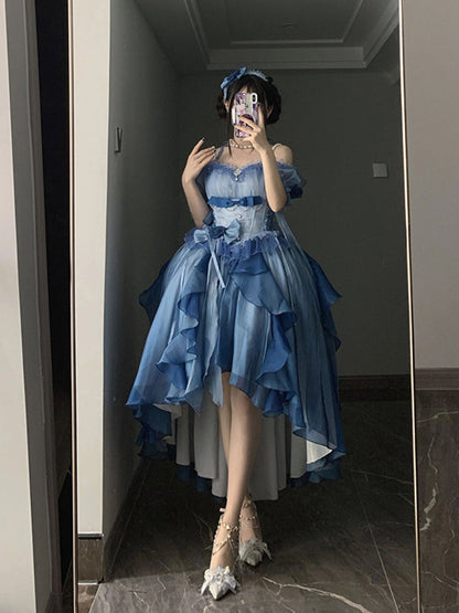 Beautiful High Low Off The Shoulder Short Sleeves Blue Rose Floral 16th Chiffon Birthday Dress Lolita Dress 18th Birthday Outfits W1240
