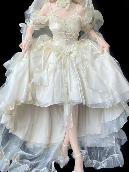 Beautiful High Low Off The Shoulder Short Sleeves Beige Rose Floral 16th Chiffon Birthday Dress Lolita Dress 18th Birthday Outfits W1242