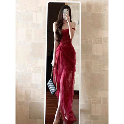 Sexy Sheath Burgundy Lace Summer Dress Holiday Party Outfits For Womens W1235