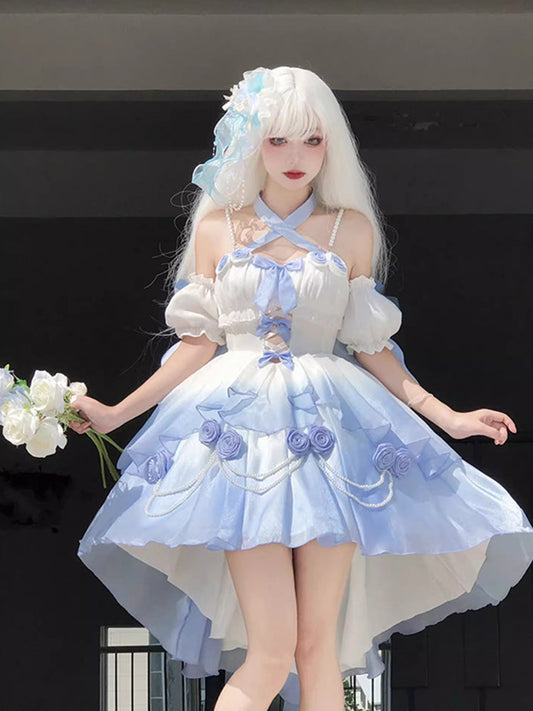 Vintage Ball Gown Spaghetti Straps Short Chiffon Summer 18th Birthday Dress High Low Ombre Blue Pearls Lolita Dress Birthday Outfits W1241