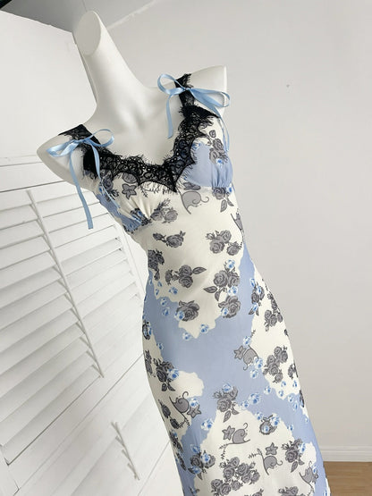 Sexy Sheath Straps Floral Blue Summer Dress Holiday Party Outfits For Women DP0112